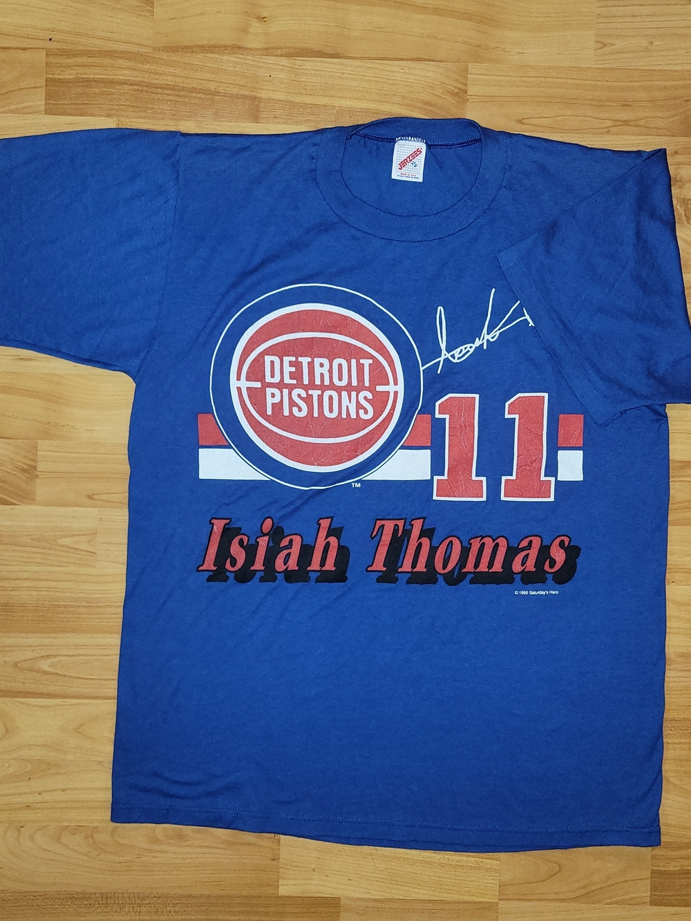 Vintage Detroit Pistons Isiah Thomas LARGE 1990 Blue Jerzees T-shirt NBA